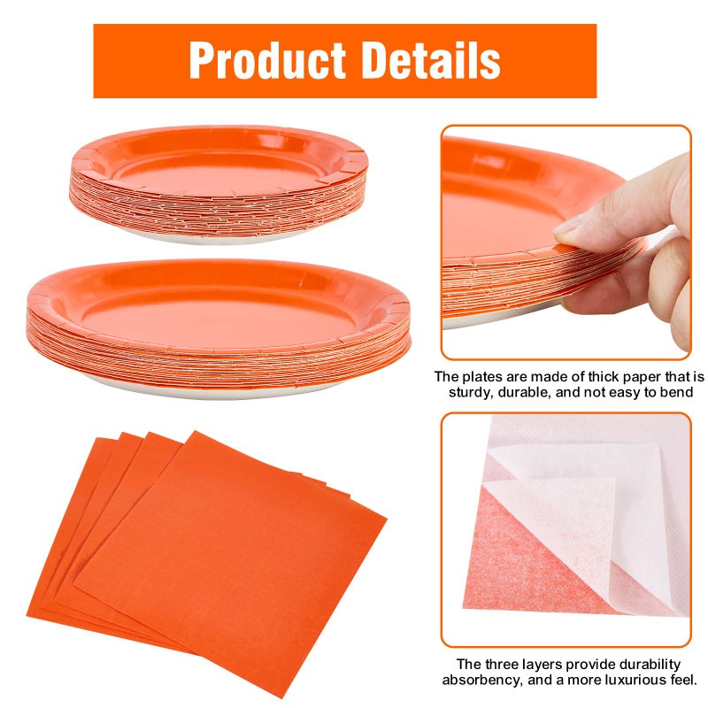 Ottin 169 pcs Orange Paper Plates and Napkins Party Supplies Plastic Spoons Forks Knives Cups Tablecloth Disposable Decoration for Birthday Wedding Party Easter Mother's Day Father's Day - Image 2