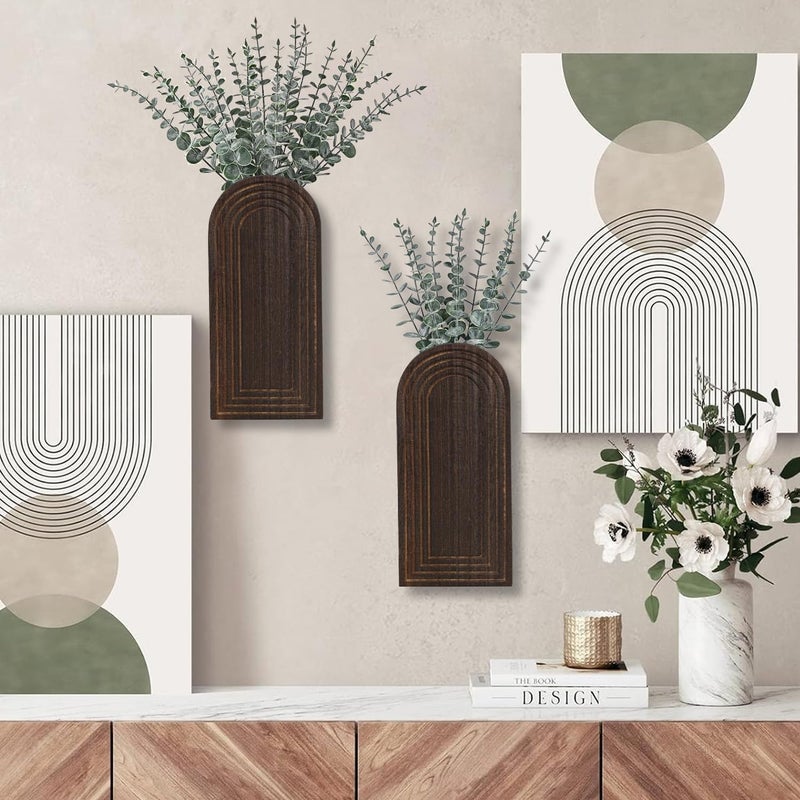 Dnnnii 2 Pack Wooden Wall Vase Set - Dark Brown Finish Modern Farmhouse & Boho Wall Decor for Entryway, Hallway, Bathroom, Living Room, Dining Room, Narrow Spaces - Image 4