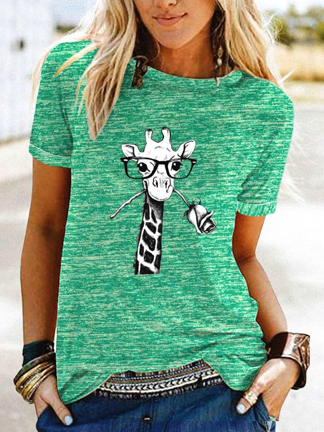 wish flower giraffe pattern print contrast short sleeve t-shirt for women - Image 1