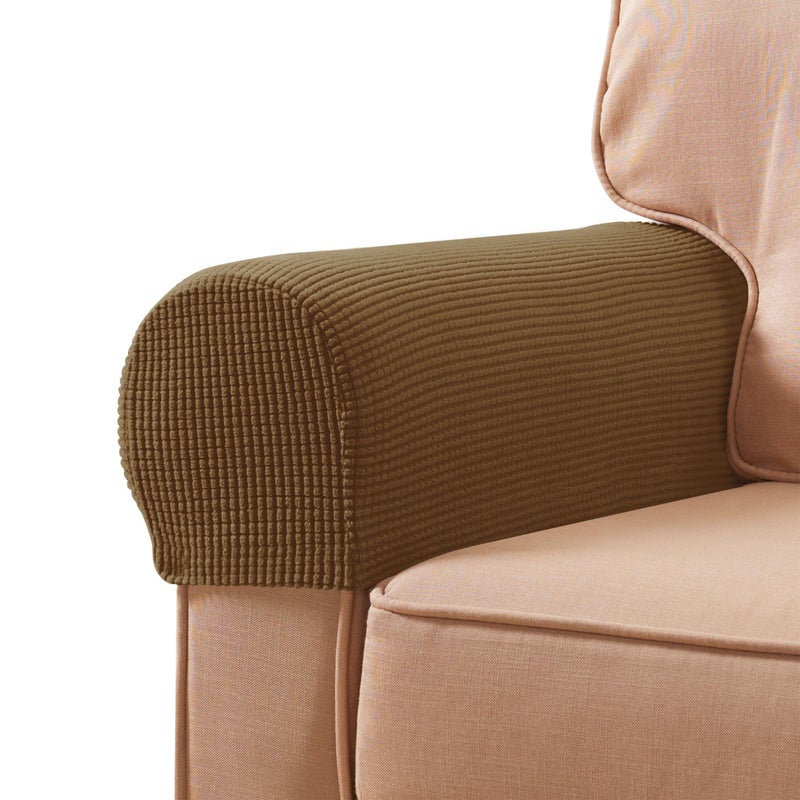 SUBRTEX Stretch Couch Arm Covers Set of 2, Checkered Sofa Arm Slipcovers, Anti-Slip Armrest Covers for Recliner and Armchairs, Pet Proof, High Stretchy, Hook & Loop Tape, Coffee - Image 1