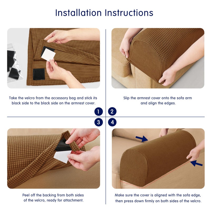 SUBRTEX Stretch Couch Arm Covers Set of 2, Checkered Sofa Arm Slipcovers, Anti-Slip Armrest Covers for Recliner and Armchairs, Pet Proof, High Stretchy, Hook & Loop Tape, Coffee - Image 3