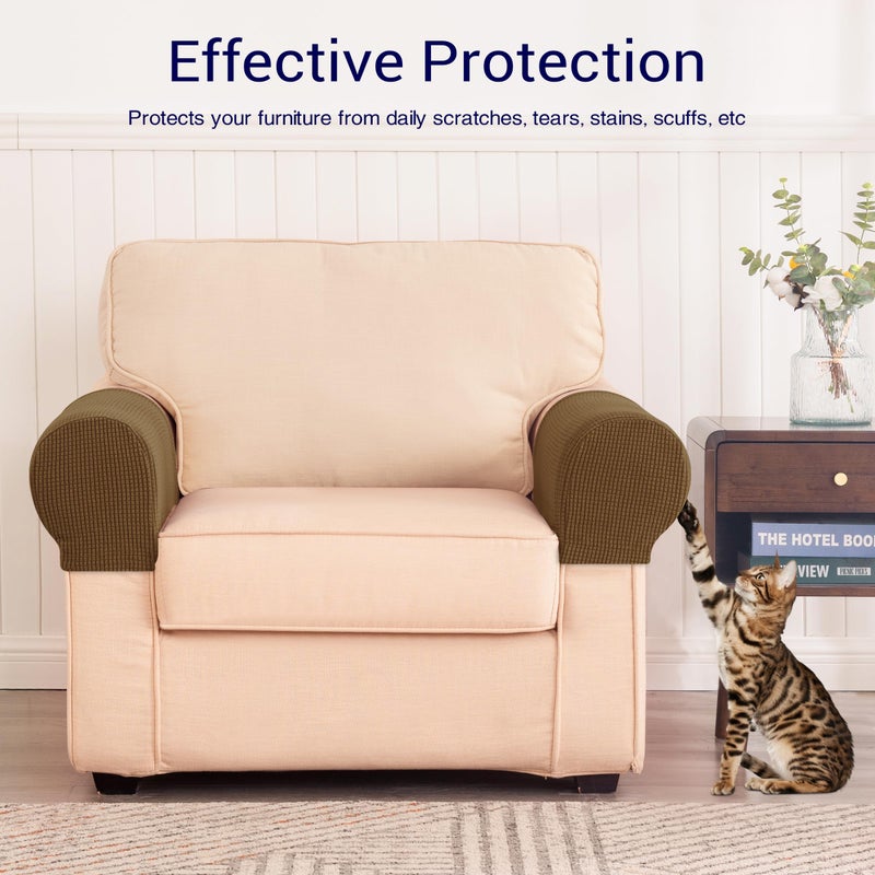 SUBRTEX Stretch Couch Arm Covers Set of 2, Checkered Sofa Arm Slipcovers, Anti-Slip Armrest Covers for Recliner and Armchairs, Pet Proof, High Stretchy, Hook & Loop Tape, Coffee - Image 5