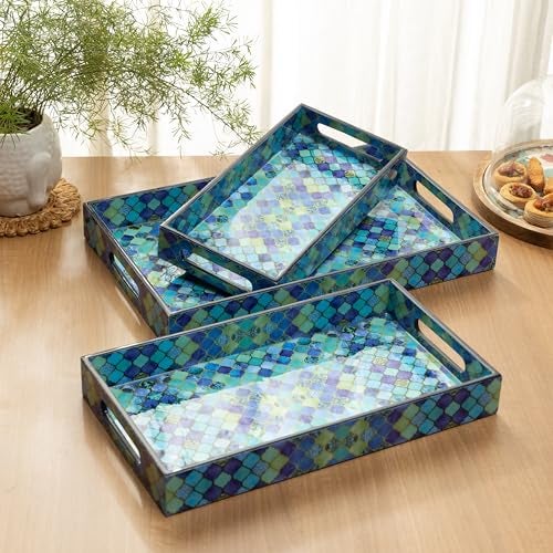 DULI Set of 3 Waterproof Wooden Trays – Traditional Jharoka and Flower Motif Design, Multipurpose Lacquer Coated MDF Serving Trays (16x10, 14x8, 12x6 Inches)(Set3NonWP- FloralJharoka) - Image 1
