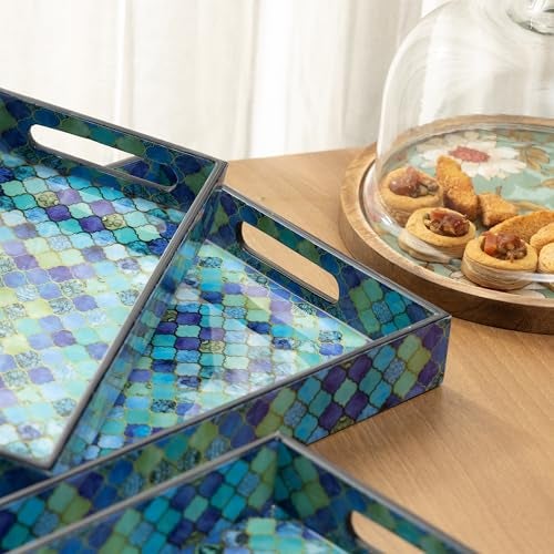 DULI Set of 3 Waterproof Wooden Trays – Traditional Jharoka and Flower Motif Design, Multipurpose Lacquer Coated MDF Serving Trays (16x10, 14x8, 12x6 Inches)(Set3NonWP- FloralJharoka) - Image 2