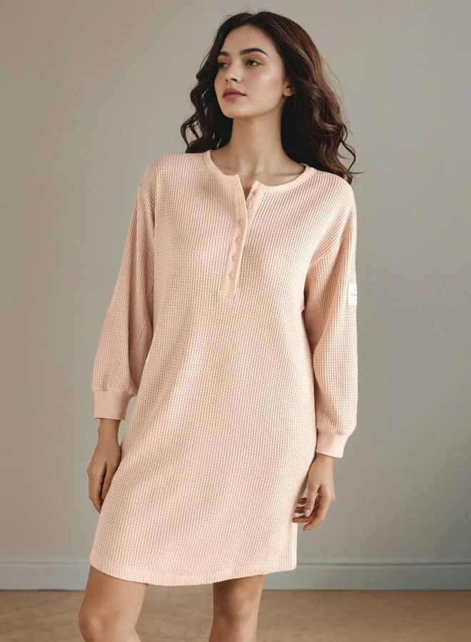 Splash FAV Textured Night Dress with Long Sleeves