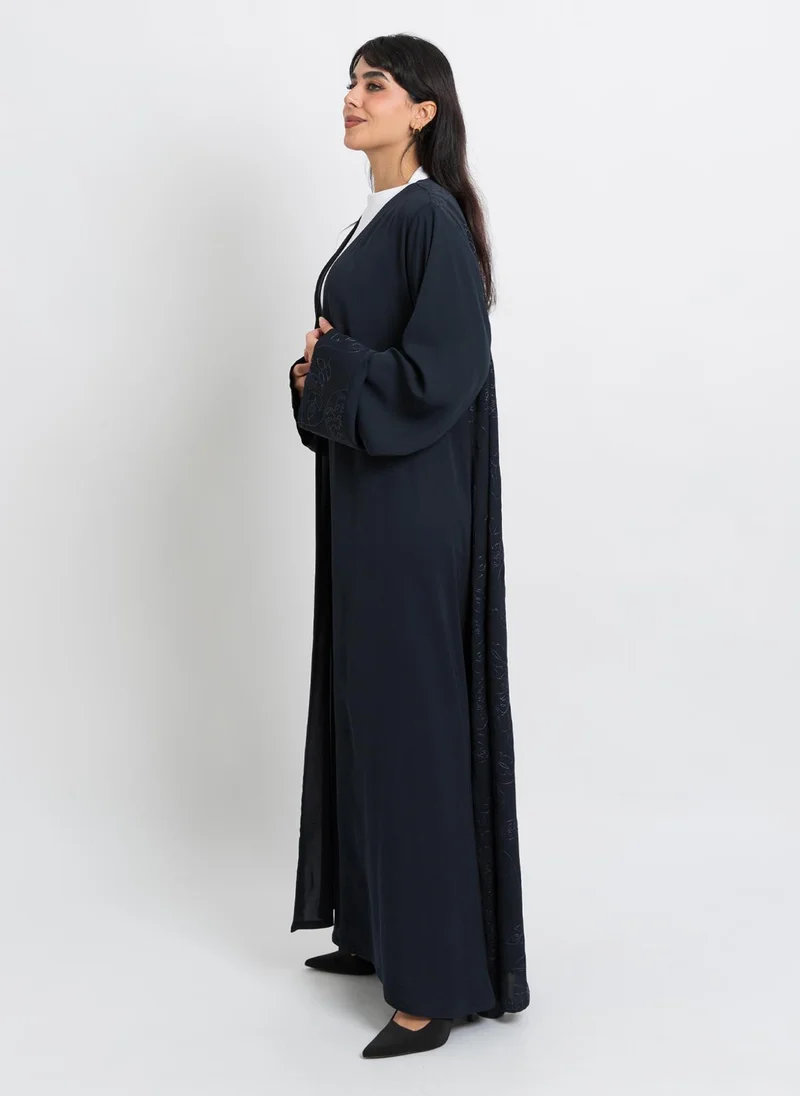 Kaafmeem Navy Tangled Leafs A-Cut Abaya