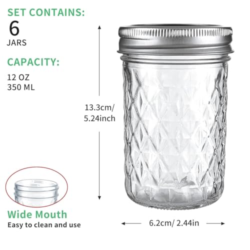 BOMEX 12oz/350ml Mason Jars with Airtight Lids Glass Canning Jars with Regular Lids Spice Jars Honey Jars for Yogurt,Jam,Spice,Overnight Oats Canning, Preserving,Decorations,Jelly,Dessert,6 Pack (12oz) - Image 2