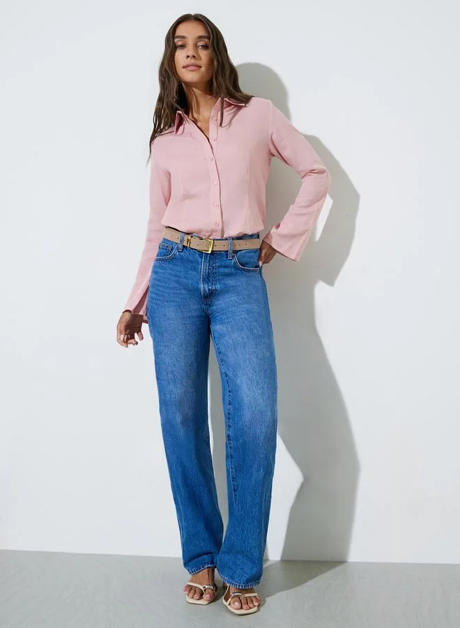 ستايلي Pink Solid Bell Sleeves Fitted Shirt