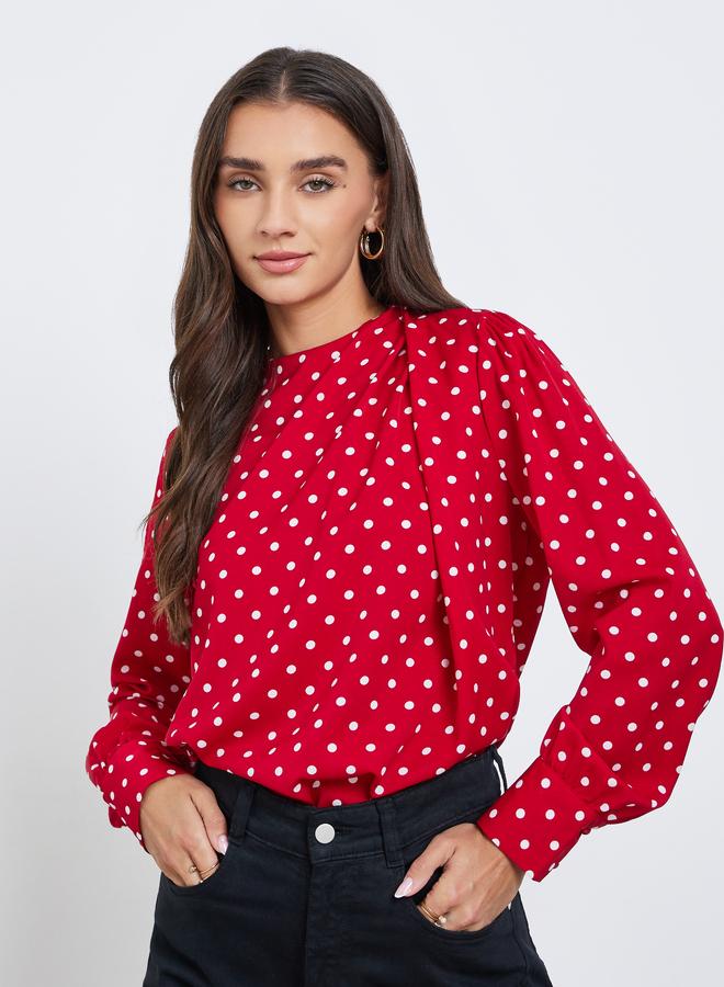 Styli Polka Dot Long Sleeve Pleated Blouse - Image 1