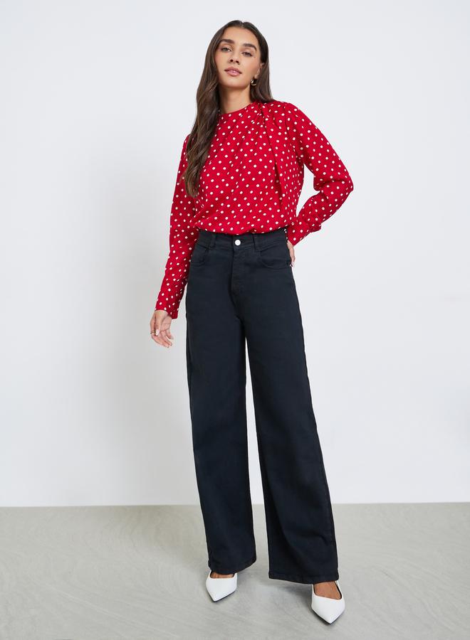 Styli Polka Dot Long Sleeve Pleated Blouse - Image 2