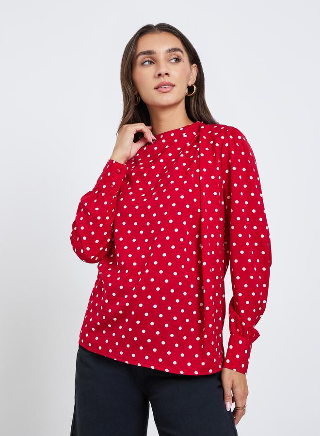 Styli Polka Dot Long Sleeve Pleated Blouse - Image 3