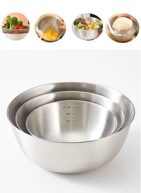 3-piece 316 Stainless Steel Basin, Mixing bowl, Beat Eggs,Kenad Into Dough, Fruit Salad And Prepare Vegetables 700ml+1200ml+2000ml