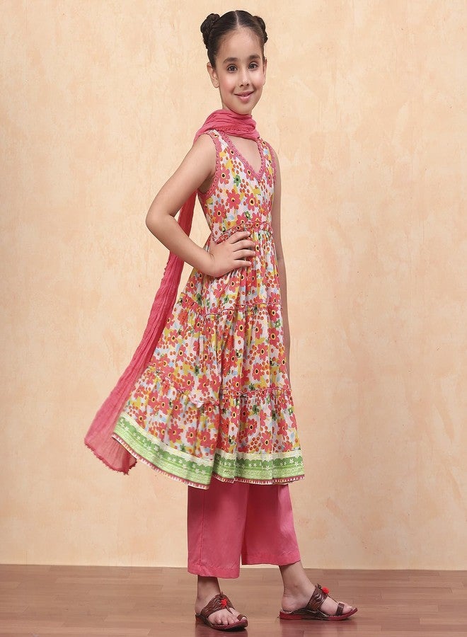 BIBA Girls Coral Tiered Cotton Printed Kurta suit set - Image 3