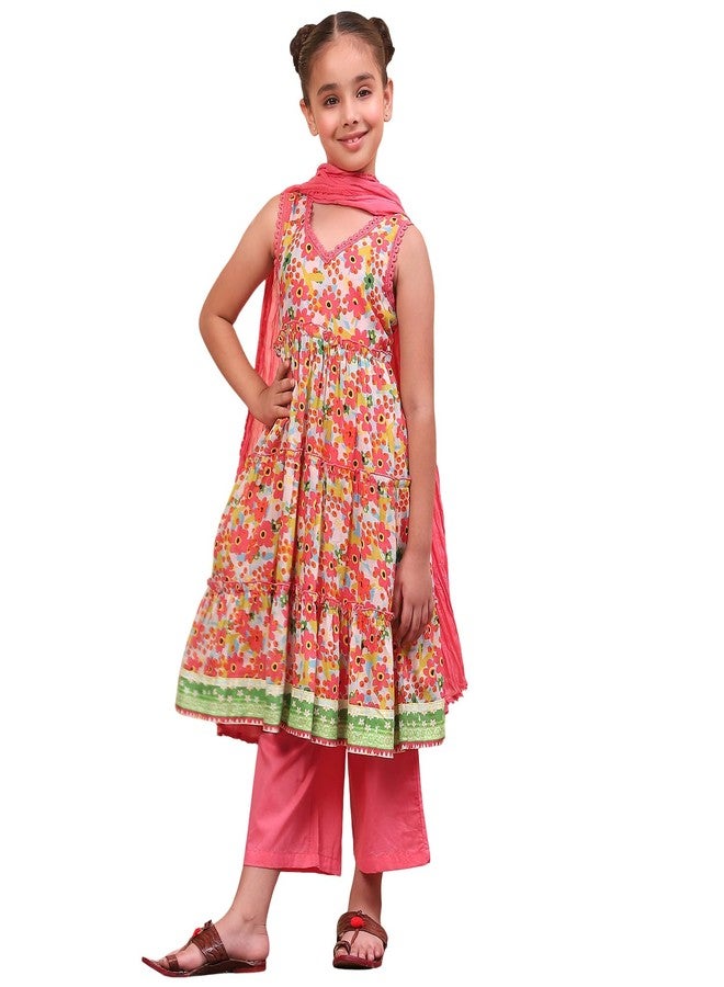 BIBA Girls Coral Tiered Cotton Printed Kurta suit set - Image 1