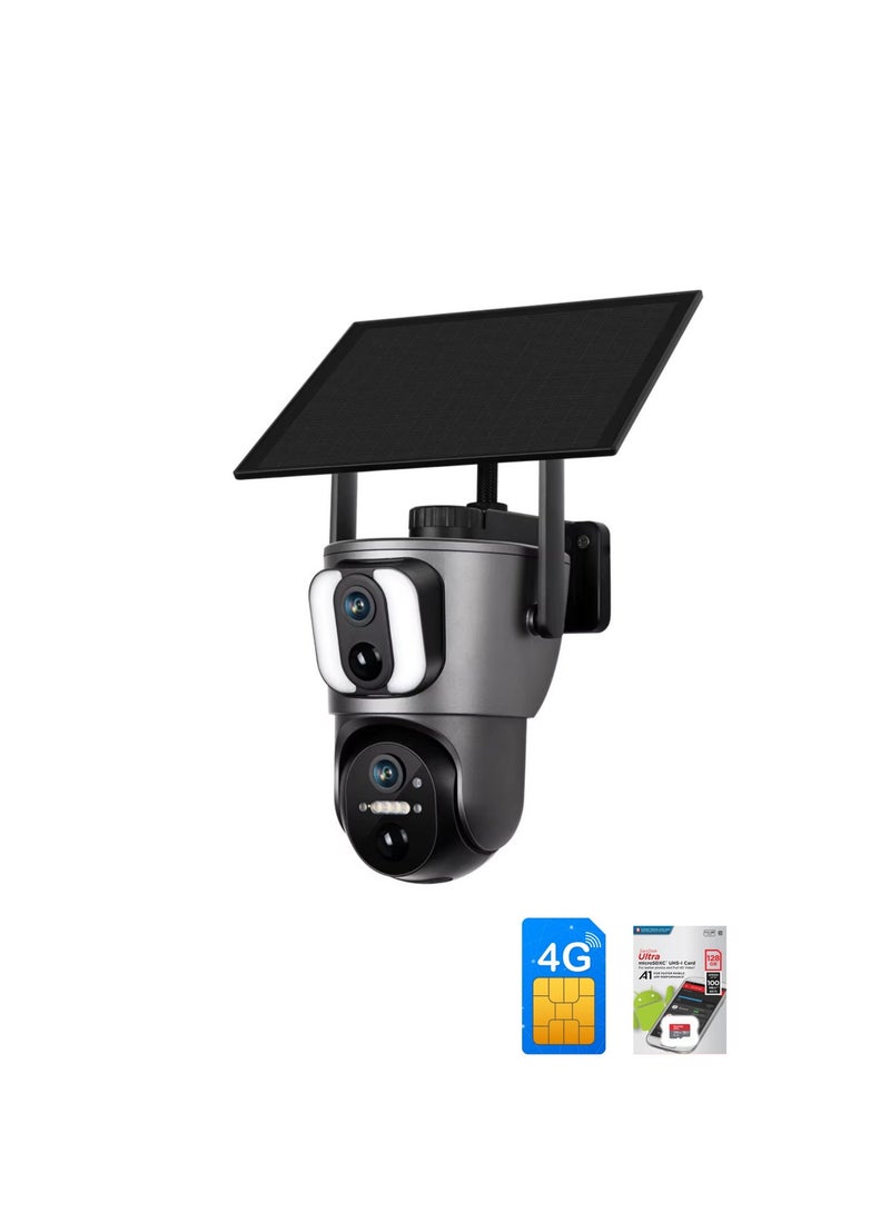 كاميرا تعمل بالطاقة الشمسية مع بطاقة SD سعة 128 جيجابايت وشريحة انترنت وكاميرات 4G تعمل بالطاقة الشمسية بدقة تصوير عالية مع ميزة التتبع البشري التلقائي وكاميرا أمان خارجية لاسلكية وعدسة مزدوجة ورؤية ليلية PIR وتتبع تلقائي وكاميرا مراقبة CCTV مقاومة للماء وكاميرا PIR مدمجة بالبطارية - Image 1