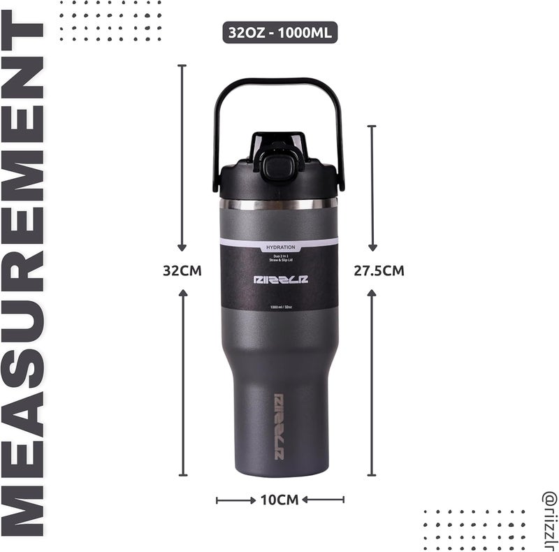 Riizzlr 1000ml Insulated Water Bottle Tumbler with 2-in-1 Straw & Sip Lid – Stainless Steel Vacuum Flask, Double Wall, BPA-Free, Leakproof, Wide Mouth, Keeps Drinks Hot 12H / Cold 24H (Charcoal Gray) - Image 4