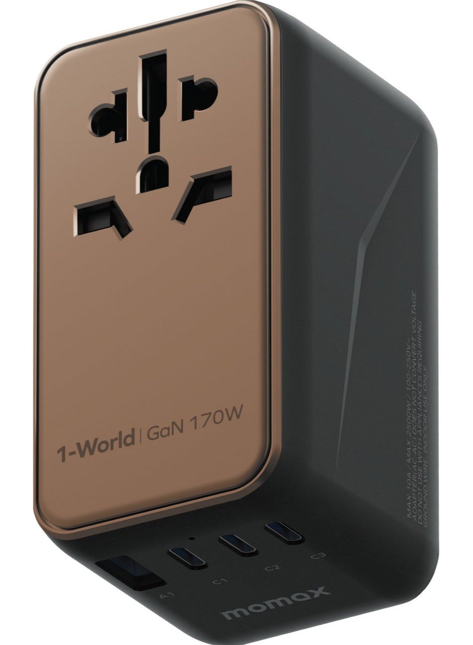 Momax 1-World 170W GaN 4 Ports + Multi Plug Travel Adapter Multi Volt 100-240V USB-C / USB-A - Desert Titanium