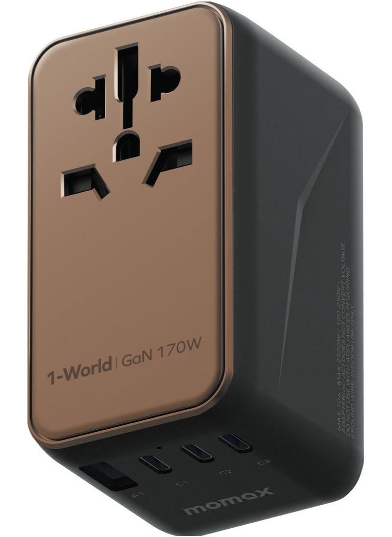 Momax 1-World 170W GaN 4 Ports + Multi Plug Travel Adapter Multi Volt 100-240V USB-C / USB-A - Desert Titanium  - Image 1