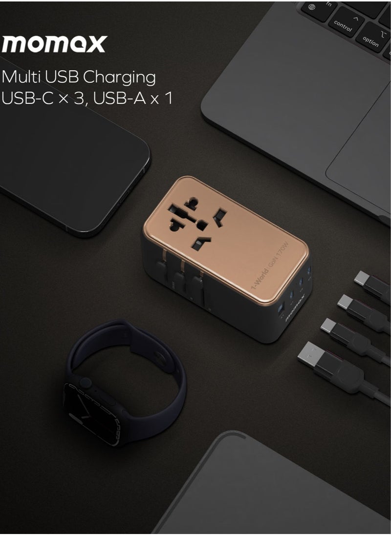 Momax 1-World 170W GaN 4 Ports + Multi Plug Travel Adapter Multi Volt 100-240V USB-C / USB-A - Desert Titanium  - Image 4