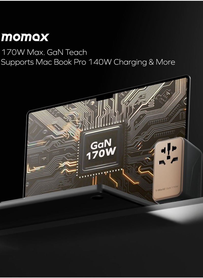 Momax 1-World 170W GaN 4 Ports + Multi Plug Travel Adapter Multi Volt 100-240V USB-C / USB-A - Desert Titanium  - Image 5