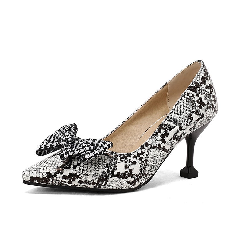 2024 Spring Fashion High Heeled Pointed Oversized Small Size 32-50 Snake Bow Shallow Mouth Single Shoes - Image 1