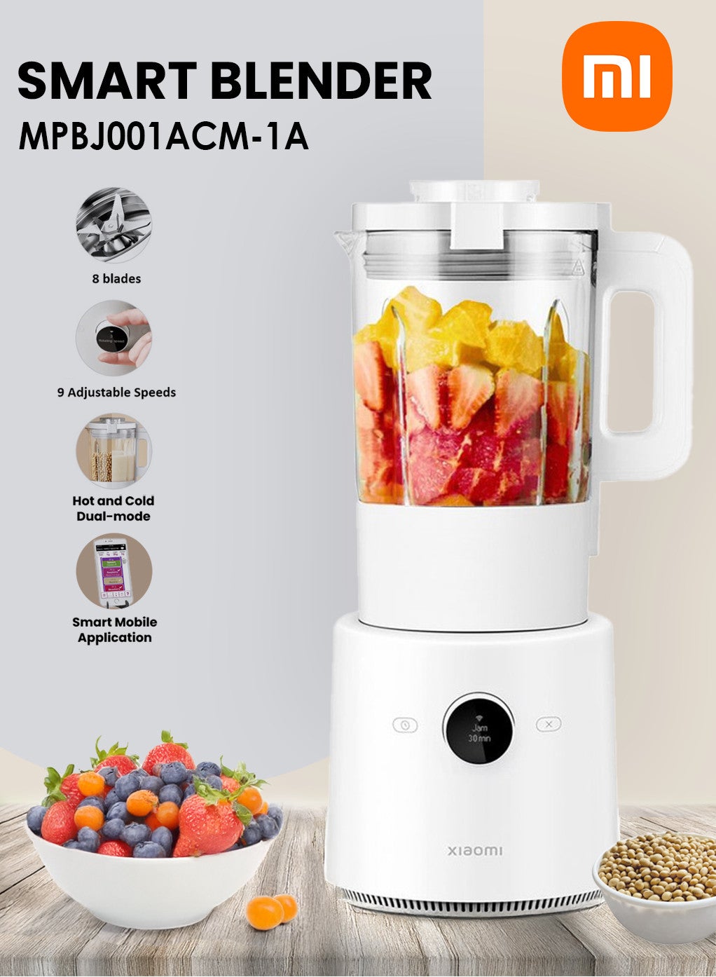Versatile Smart Blender & Food Processor Hot & Cold Dual-Mode Blending, 9-Speed Precision Control, Ultra-Sharp 8-Leaf Stainless Steel Blade, OLED Touch Display, High-Power Motor, Smart App Connectivity for Effortless Cooking & Smoothies 800 - 950 W MPBJ001ACM-1A White