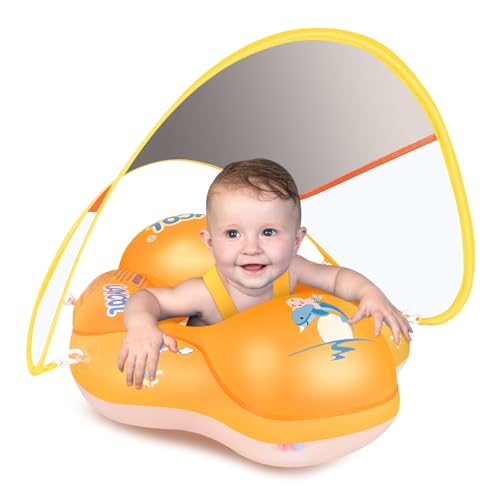 LAYCOL Baby Swimming Float Inflatable Baby Pool Float Ring with Sun Protection Canopyadd Tail no flip Over for Age of 336 Months Yellow S - Image 1