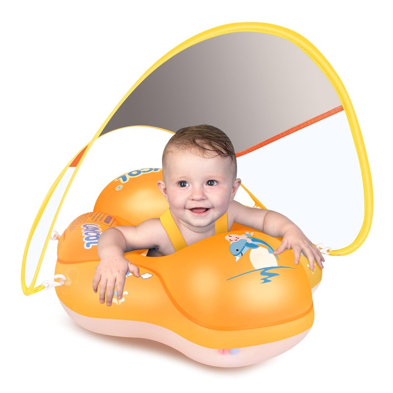 LAYCOL Baby Swimming Float Inflatable Baby Pool Float Ring with Sun Protection Canopyadd Tail no flip Over for Age of 336 Months Yellow S - Image 2