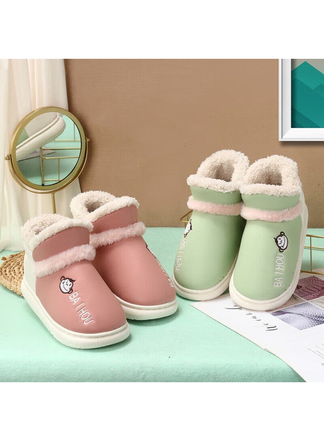 Baihou Pu Leather High-top Cotton Slippers For Men And Women, Closed-back Home Couple Style Plush Warm Cotton Shoes, Lime Green 36-37 - Image 5