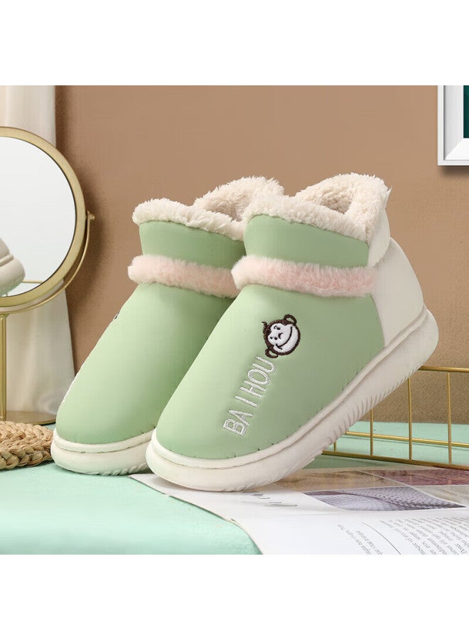 Baihou Pu Leather High-top Cotton Slippers For Men And Women, Closed-back Home Couple Style Plush Warm Cotton Shoes, Lime Green 36-37 - Image 3