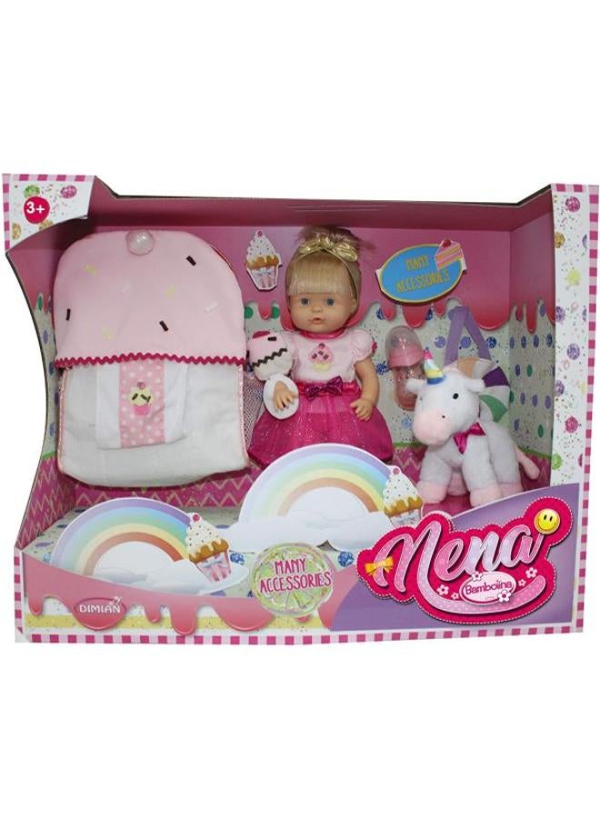 Bambolina 36cm Nena Doll With Backpack With Plush Unicorn - Image 1