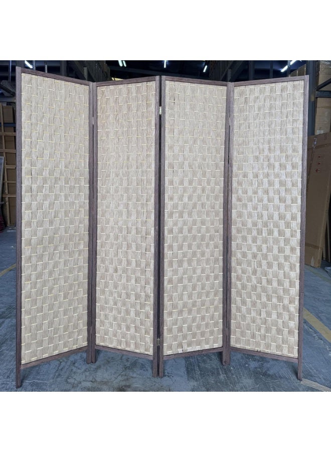 Decorhills Folding Room Divider, 4 Panel Wooden Woven Privacy Screen, Handwoven Brown Room Separator for Home, Office, Bedroom, Living Room, Foldable Space Divider with Durable Hinges Off-White with Wood Frame - Image 1