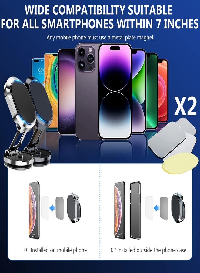 Rednow 2 Pack Alloy Folding Magnetic Car Phone Holder,360° Rotation Magnetic Cell Phone Holder for Car [Super Strong Magnet] Bracket Magnetic Dashboard Phone Car Mount for All Smartphone (Silver+Black) - Image 4