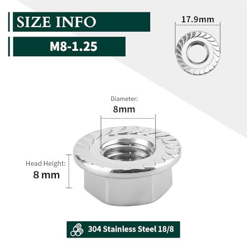 EASTLO M8-1.25 (25 pcs) Serrated Flange Hex Nuts, Hexagon Flange Nuts 304 Stainless Steel 18-8, Bright Finish, Full Thread, DIN6923 - Image 3