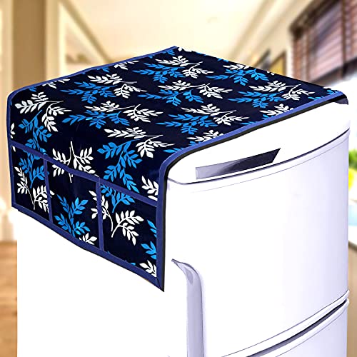 KANUSHI Industries® 1 Pc Fridge Cover for Top with 6 Utility Pockets (Blue Color)+ 3 Fridge Mats (FRI-SMALL-LEAVES-BLUE-01-M-8) - Image 2
