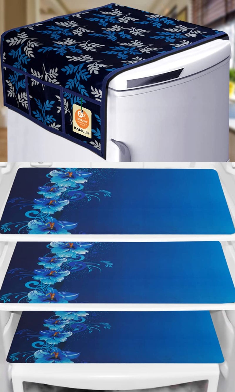 KANUSHI Industries® 1 Pc Fridge Cover for Top with 6 Utility Pockets (Blue Color)+ 3 Fridge Mats (FRI-SMALL-LEAVES-BLUE-01-M-8) - Image 1
