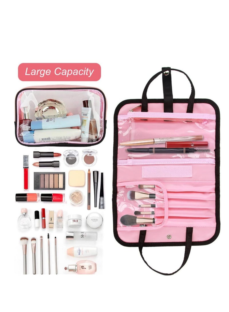 SYOSI Trave Makeup Bag with Handbag, Waterproof Clear Makeup Cosmetic Organizer PVC Zippered Washbag Carry Pouch for Travel, Bathroom and Organizing (Pink Black)  - Image 2