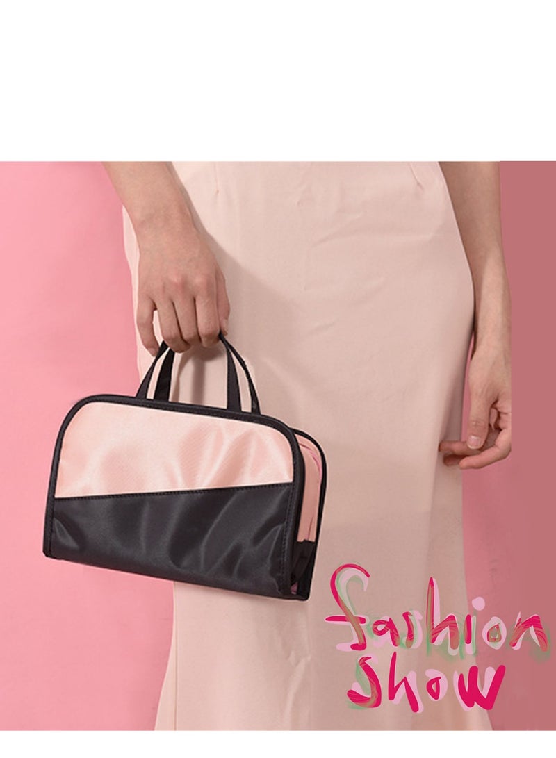 SYOSI Trave Makeup Bag with Handbag, Waterproof Clear Makeup Cosmetic Organizer PVC Zippered Washbag Carry Pouch for Travel, Bathroom and Organizing (Pink Black)  - Image 1
