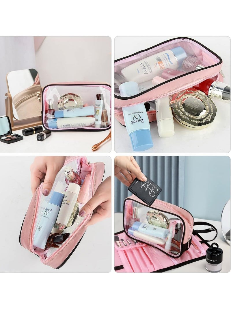 SYOSI Trave Makeup Bag with Handbag, Waterproof Clear Makeup Cosmetic Organizer PVC Zippered Washbag Carry Pouch for Travel, Bathroom and Organizing (Pink Black)  - Image 4