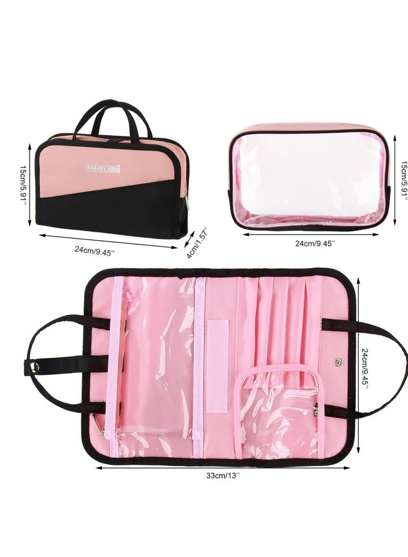 SYOSI Trave Makeup Bag with Handbag, Waterproof Clear Makeup Cosmetic Organizer PVC Zippered Washbag Carry Pouch for Travel, Bathroom and Organizing (Pink Black)  - Image 5