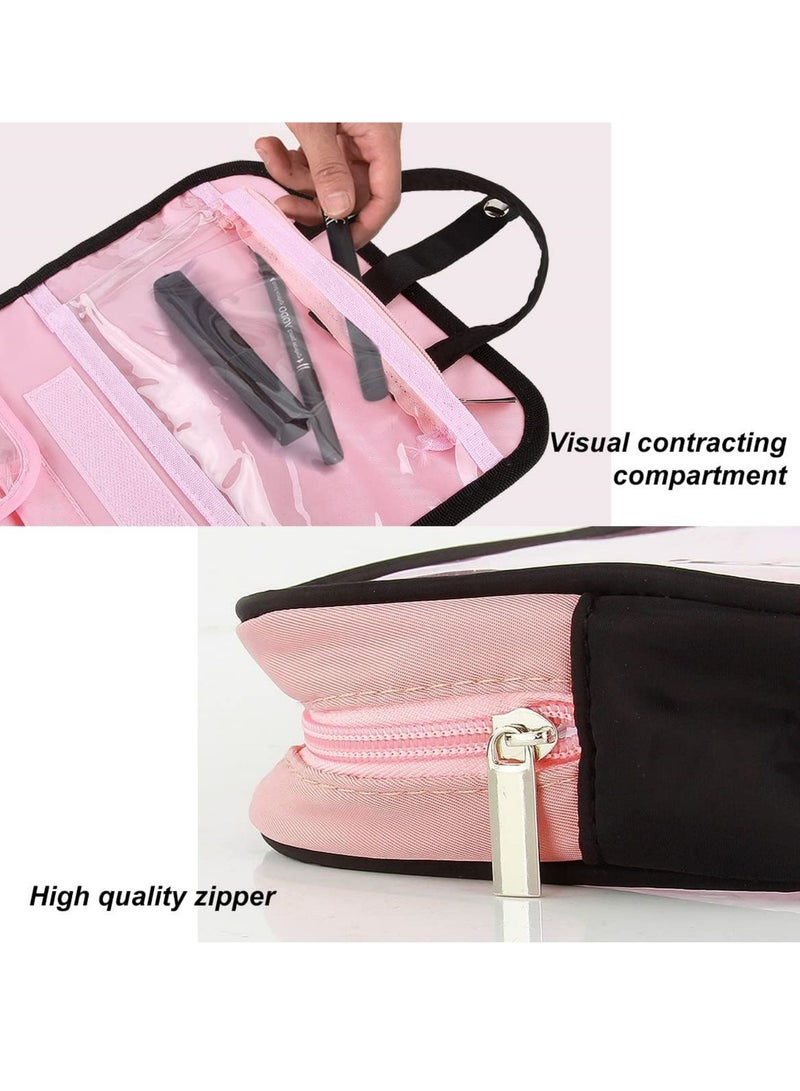 SYOSI Trave Makeup Bag with Handbag, Waterproof Clear Makeup Cosmetic Organizer PVC Zippered Washbag Carry Pouch for Travel, Bathroom and Organizing (Pink Black)  - Image 3