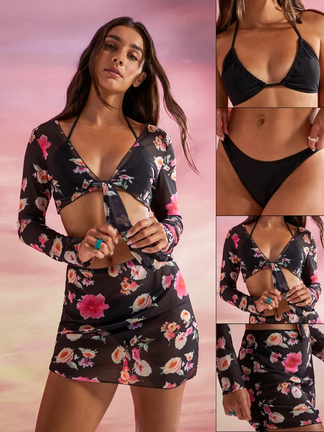 Styli Styli Pack of 4 - Floral Print Tie-Front Top, Ruched Skirt, Bikini Tie Back and Brief