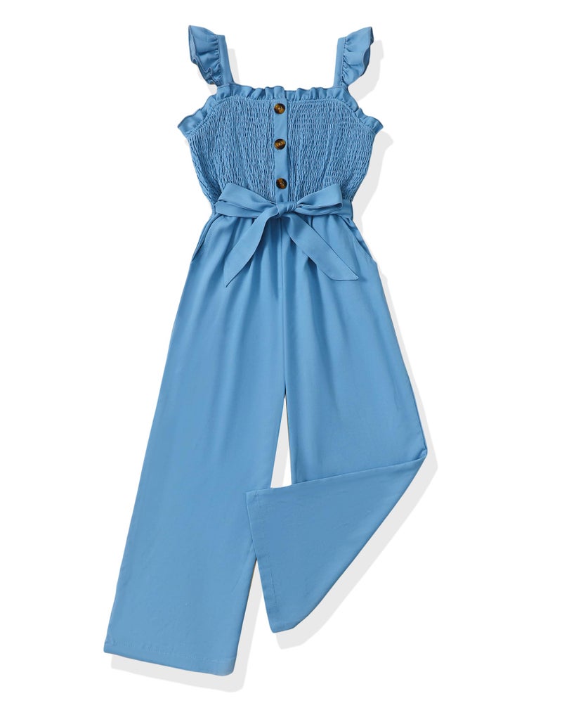 Clothes for Girl 1012 Girls Jumpsuit Kids Fashion Preppy Ruffle Sleeveless Wide Leg Belted OnePiece Romper Smocked Summer Outfits with Pockets Denim Blue