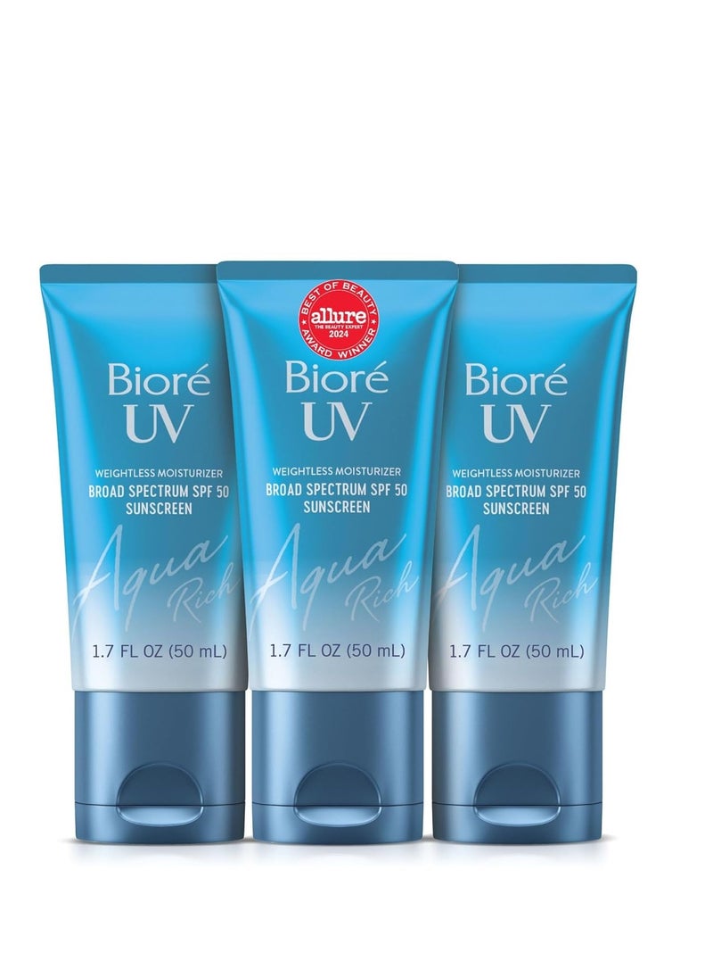 Biore Biore UV Aqua Rich SPF 50 PA++++ Daily Moisturizer Sunscreen for Face, For Sensitive Skin, Oil Free, Hyaluronic Acid, Vegan, Oxybenzone & Octinoxate Free, Dermatologist Tested, 1.7 Oz/3pk  - Image 1