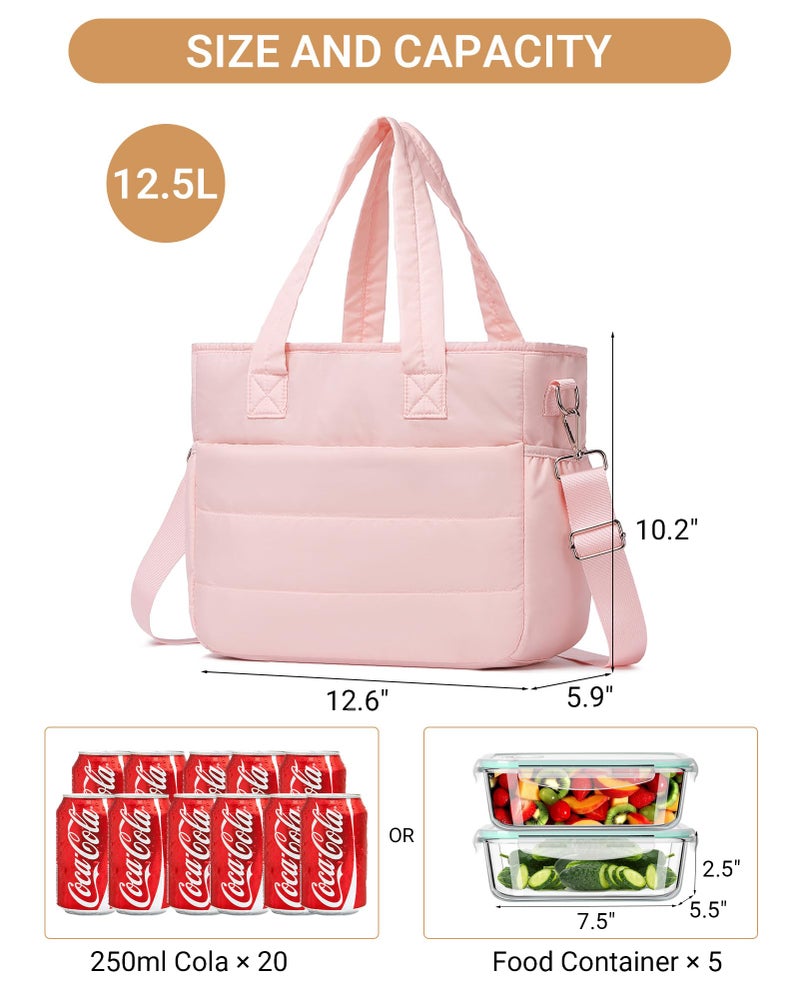 BAVERGE Lunch Bag Women, Leakproof Insulated Tote for Women Work Large Puffy Crossbody Shoulder Bag Waterproof Cooler Purse, Pink - Image 2