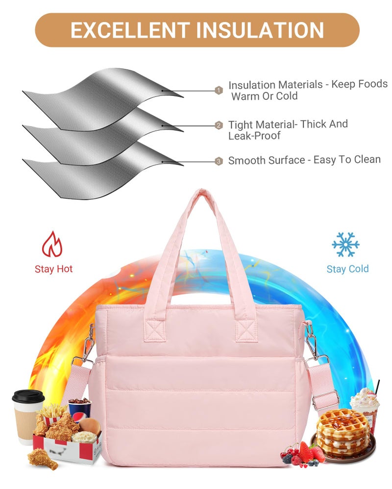 BAVERGE Lunch Bag Women, Leakproof Insulated Tote for Women Work Large Puffy Crossbody Shoulder Bag Waterproof Cooler Purse, Pink - Image 4