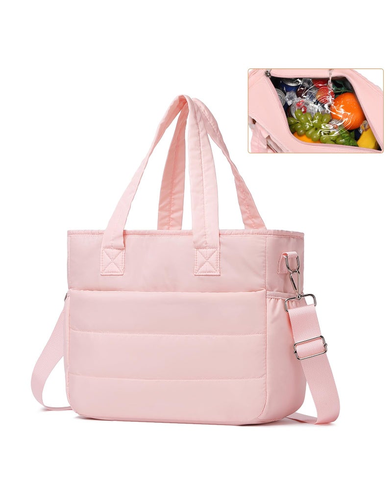 BAVERGE Lunch Bag Women, Leakproof Insulated Tote for Women Work Large Puffy Crossbody Shoulder Bag Waterproof Cooler Purse, Pink - Image 1