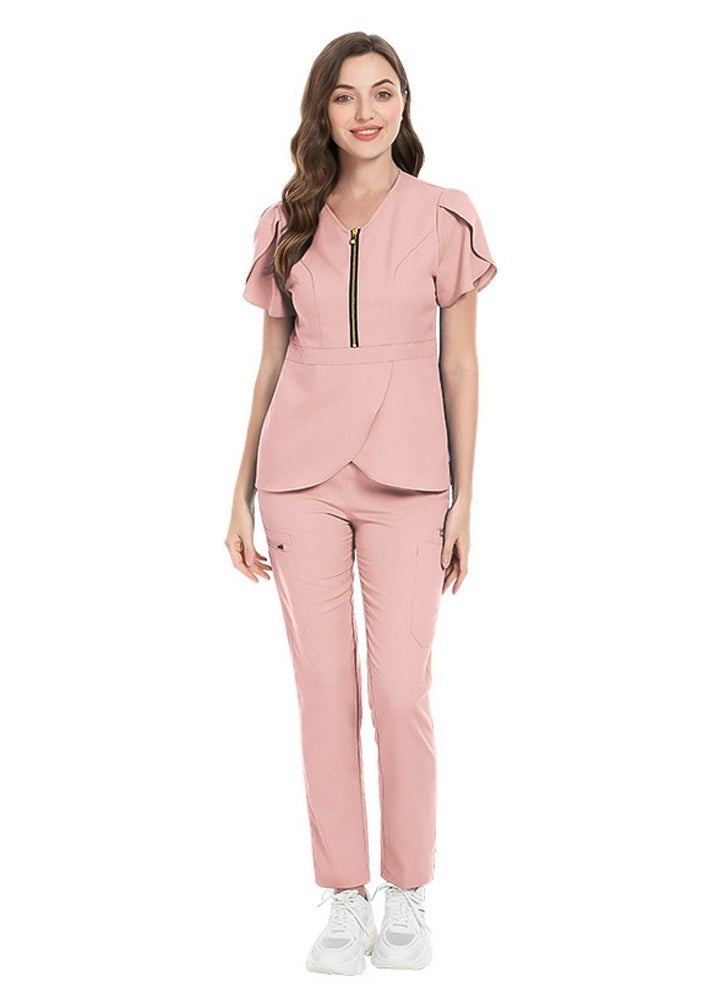 Loquat Womens Slim Fit Medical Uniform Scrubs 2 Piece Set V-Neck Zipper Top and Elastic Waist Pants Suit Pink  - Image 1