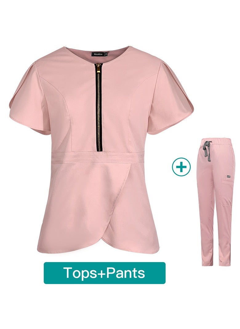 Loquat Womens Slim Fit Medical Uniform Scrubs 2 Piece Set V-Neck Zipper Top and Elastic Waist Pants Suit Pink  - Image 3