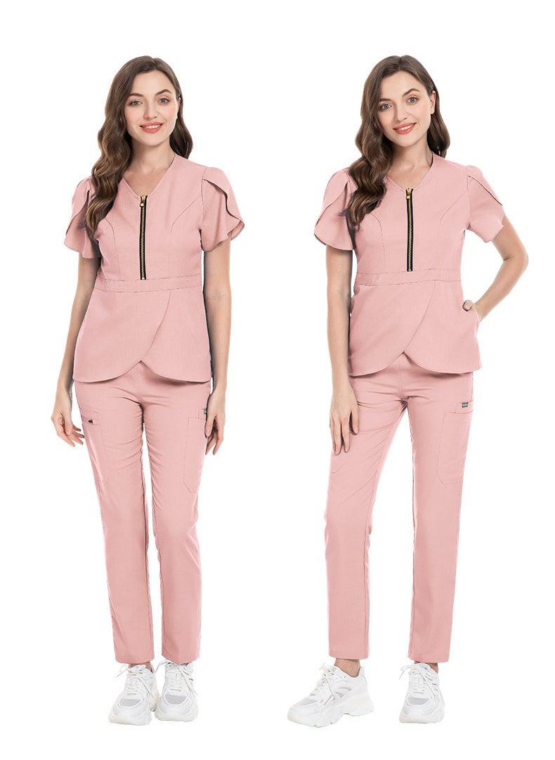 Loquat Womens Slim Fit Medical Uniform Scrubs 2 Piece Set V-Neck Zipper Top and Elastic Waist Pants Suit Pink  - Image 2